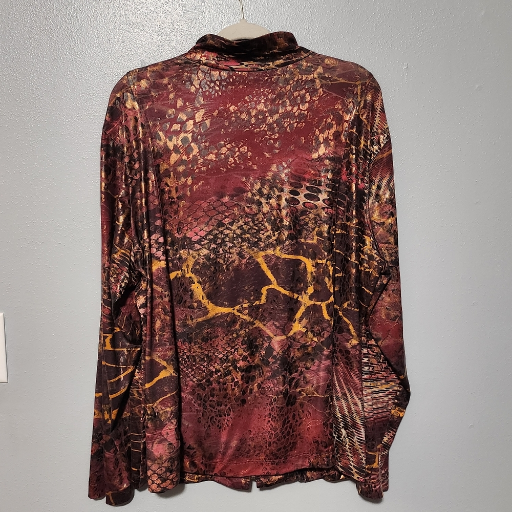 SUSAN GRAVER Zip Front Jacket Womens Plus 2X Red Brown Animal Snake Print Shiny - Picture 7 of 13